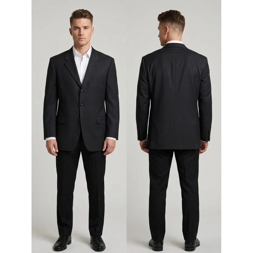 Jones New York Classic Mens 48R Blazer Charcoal Black Pinstripe 100% Wool Jacket